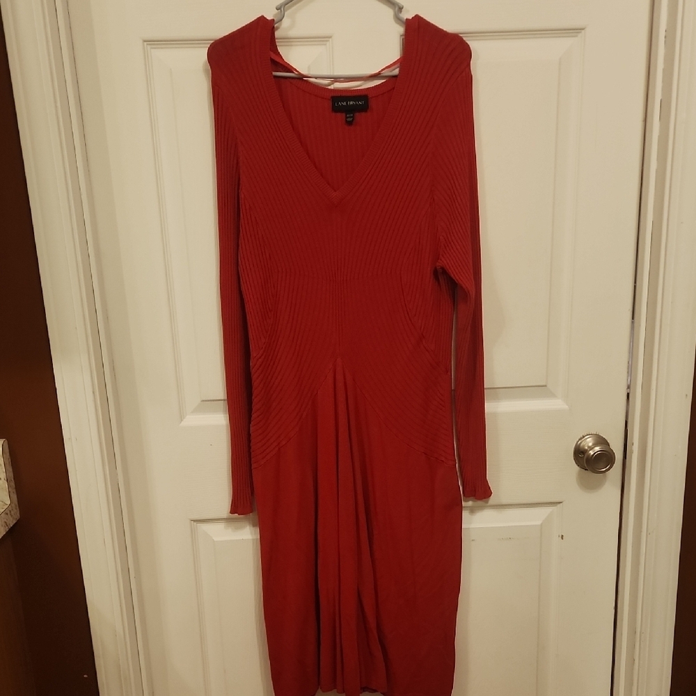 Lane Bryant Red V-Neck Long Sleeve Sweater Dress
